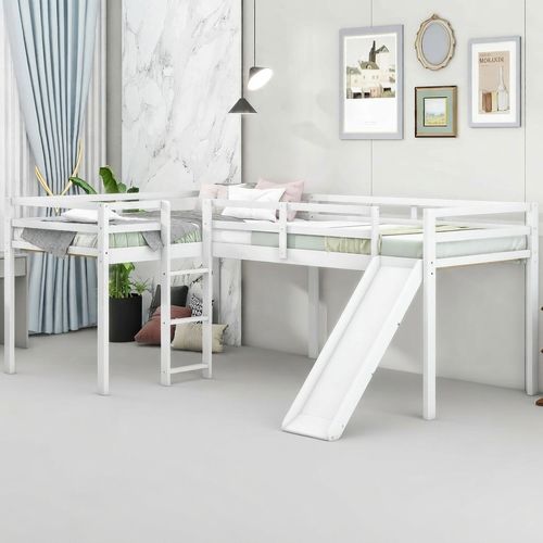 Favfurish L-Shaped Twin Size Loft Bed with Ladder and Slide
