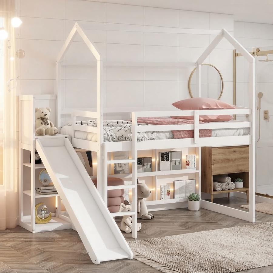 Favfurish Twin Size House Loft Bed with Slide