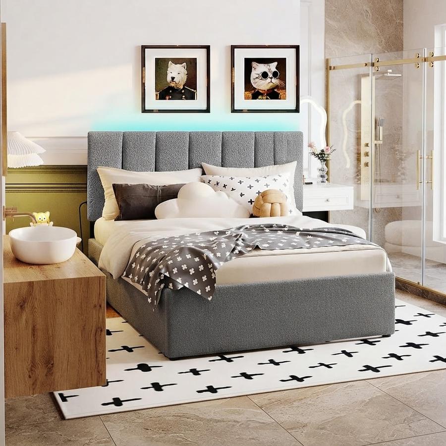 Favfurish Teddy Fleece Full Platform Bed with Trundle & LED